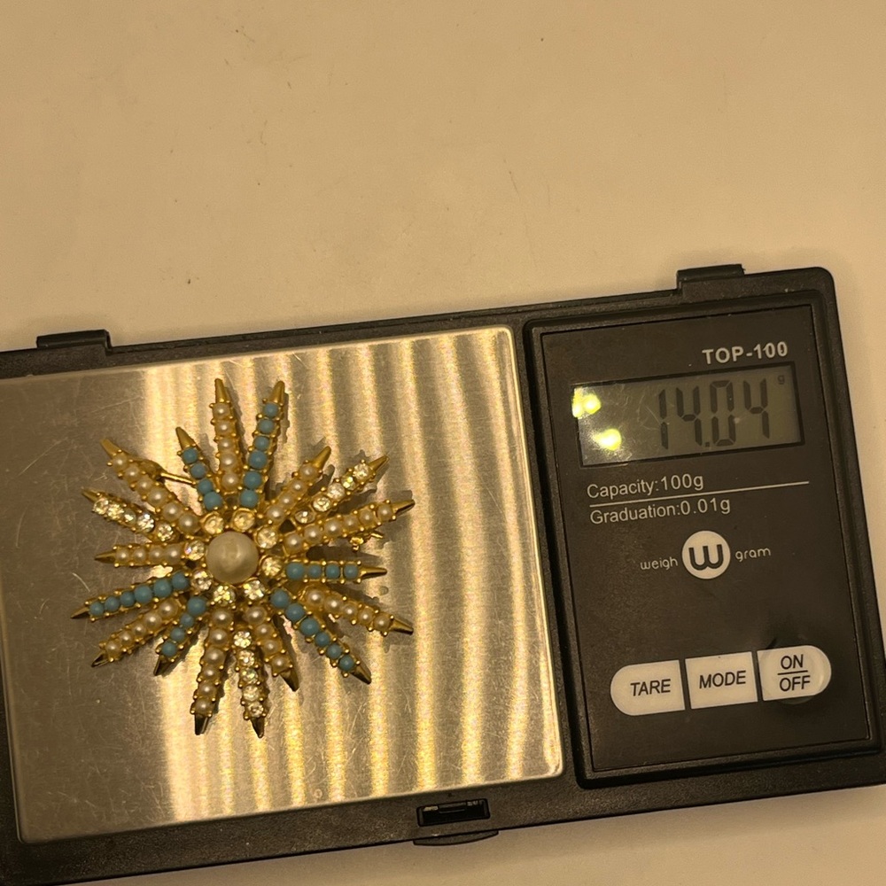 MCM starburst faux pearl turquoise rhinestone vintage brooch pin gold tone - Picture 14 of 14